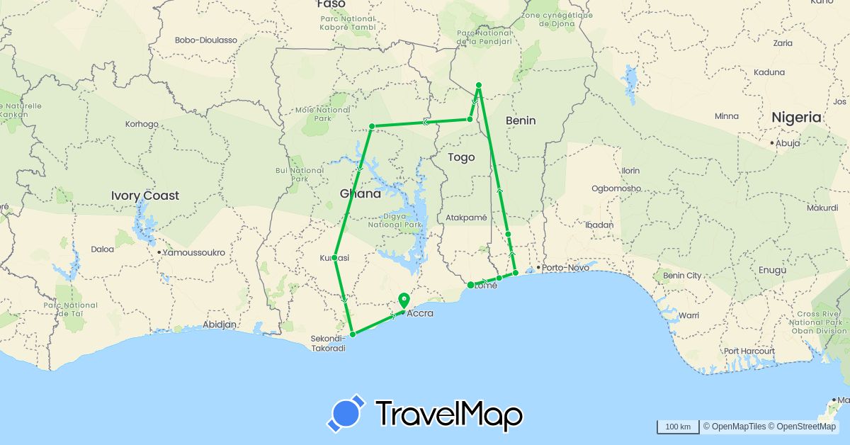 TravelMap itinerary: driving, bus in Benin, Ghana, Togo (Africa)